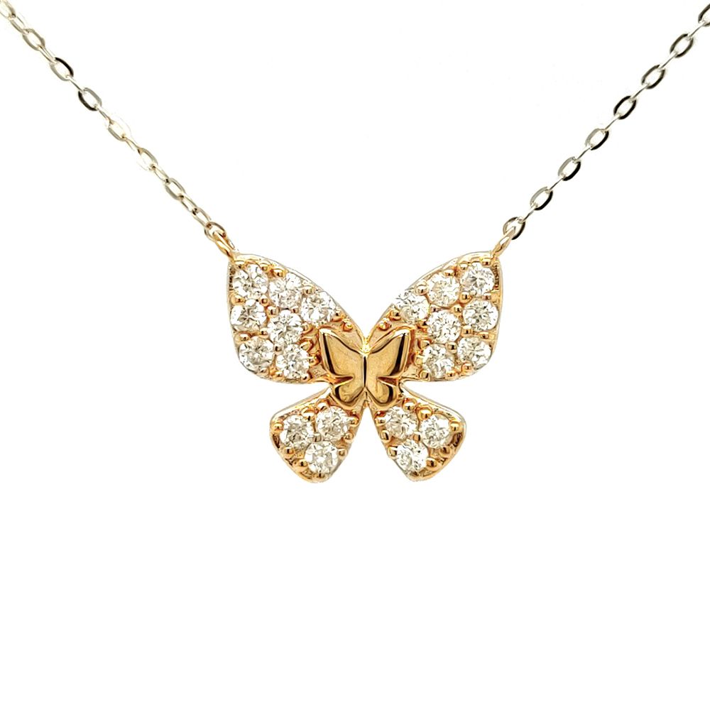 Zoey Blush's 14K yellow gold, butterfly-shaped diamond necklace for women featuring round, Naturally untreated Botswana diamonds in 18 inches size