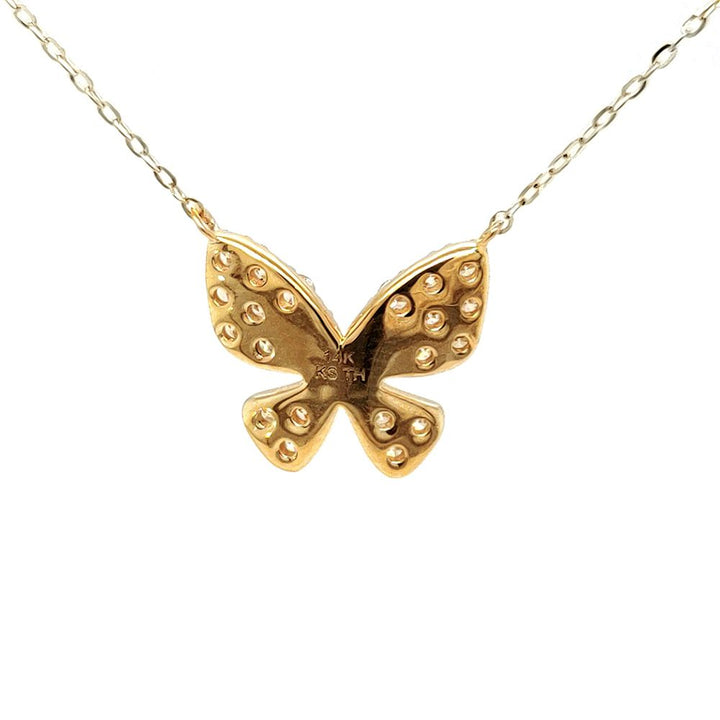 Zoey Blush's 14K yellow gold, butterfly-shaped diamond necklace for women featuring round, Naturally untreated Botswana diamonds in 18 inches size