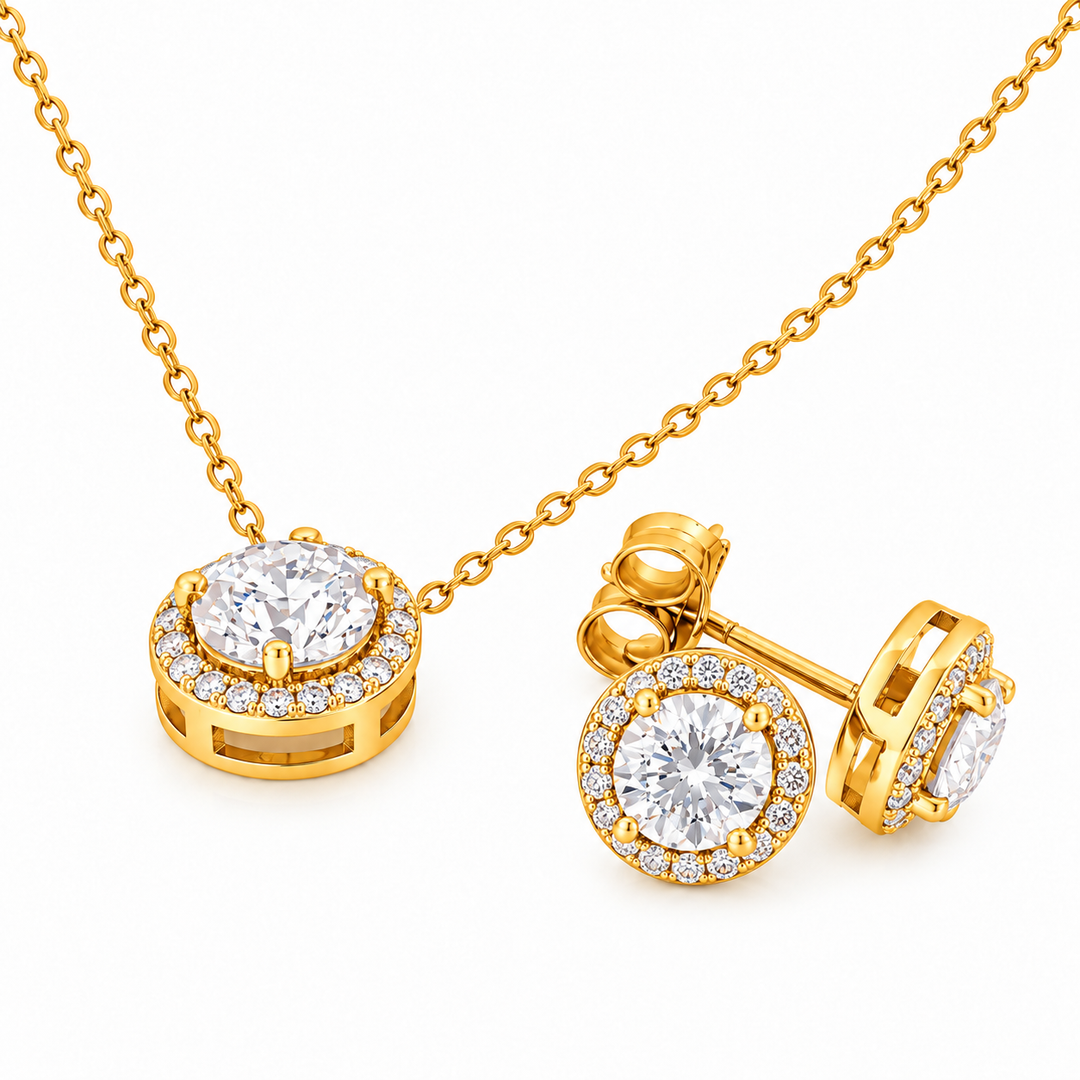 3.60 DEW Round Shape Moissanite Earring and Pendant Set in 925 Yellow Gold Plated