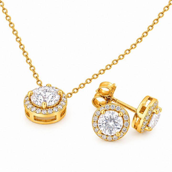 3.60 DEW Round Shape Moissanite Earring and Pendant Set in 925 Yellow Gold Plated
