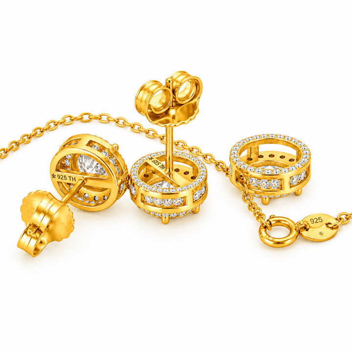 3.60 DEW Round Shape Moissanite Earring and Pendant Set in 925 Yellow Gold Plated