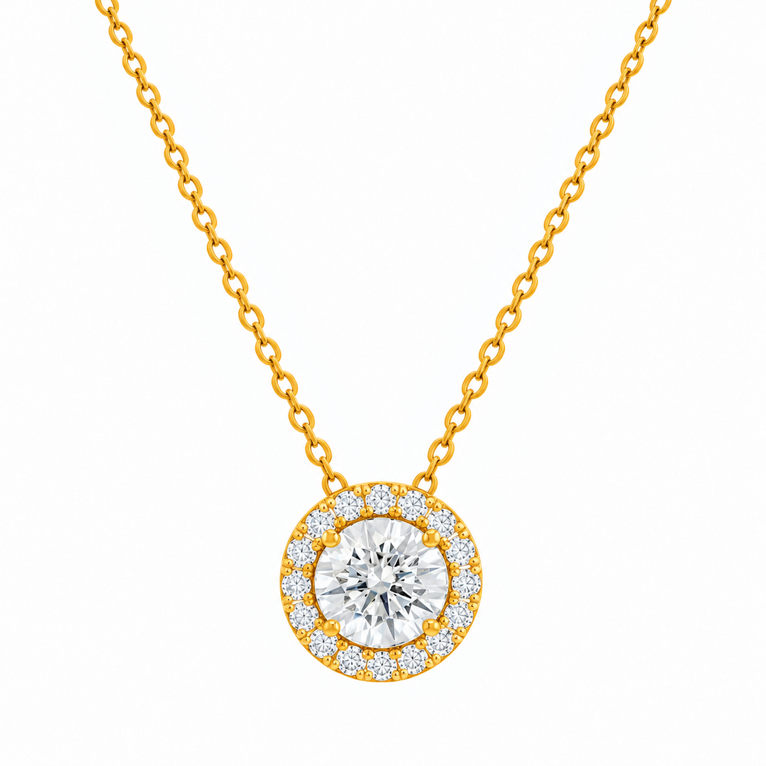 3.60 DEW Round Shape Moissanite Earring and Pendant Set in 925 Yellow Gold Plated