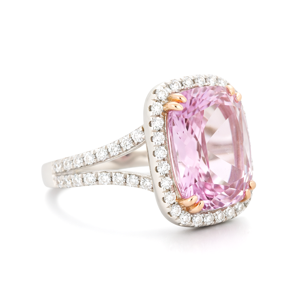 9.91 Cts Kunzite and White Diamond Ring in 14K White Gold