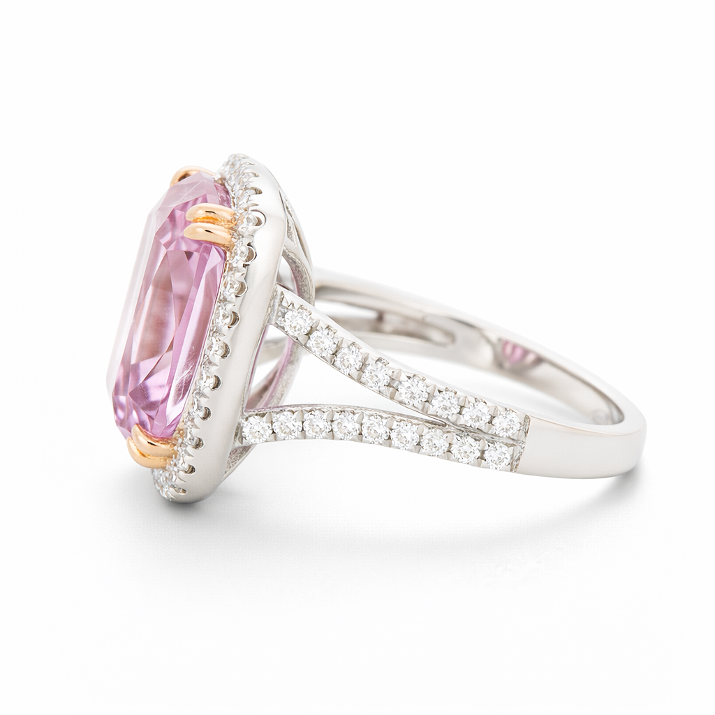 9.91 Cts Kunzite and White Diamond Ring in 14K White Gold