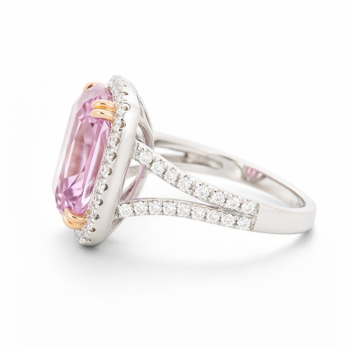 9.91 Cts Kunzite and White Diamond Ring in 14K White Gold