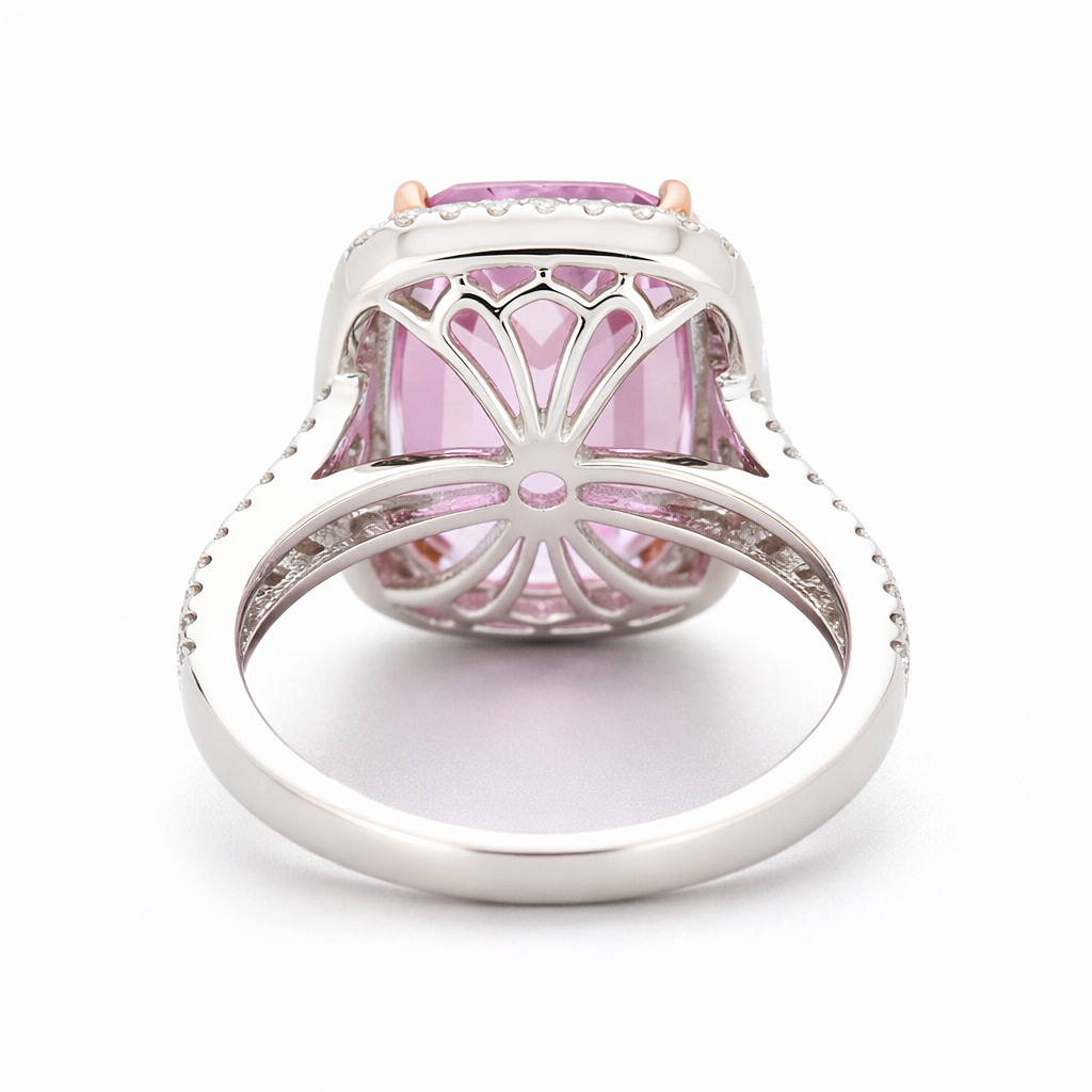 9.91 Cts Kunzite and White Diamond Ring in 14K White Gold