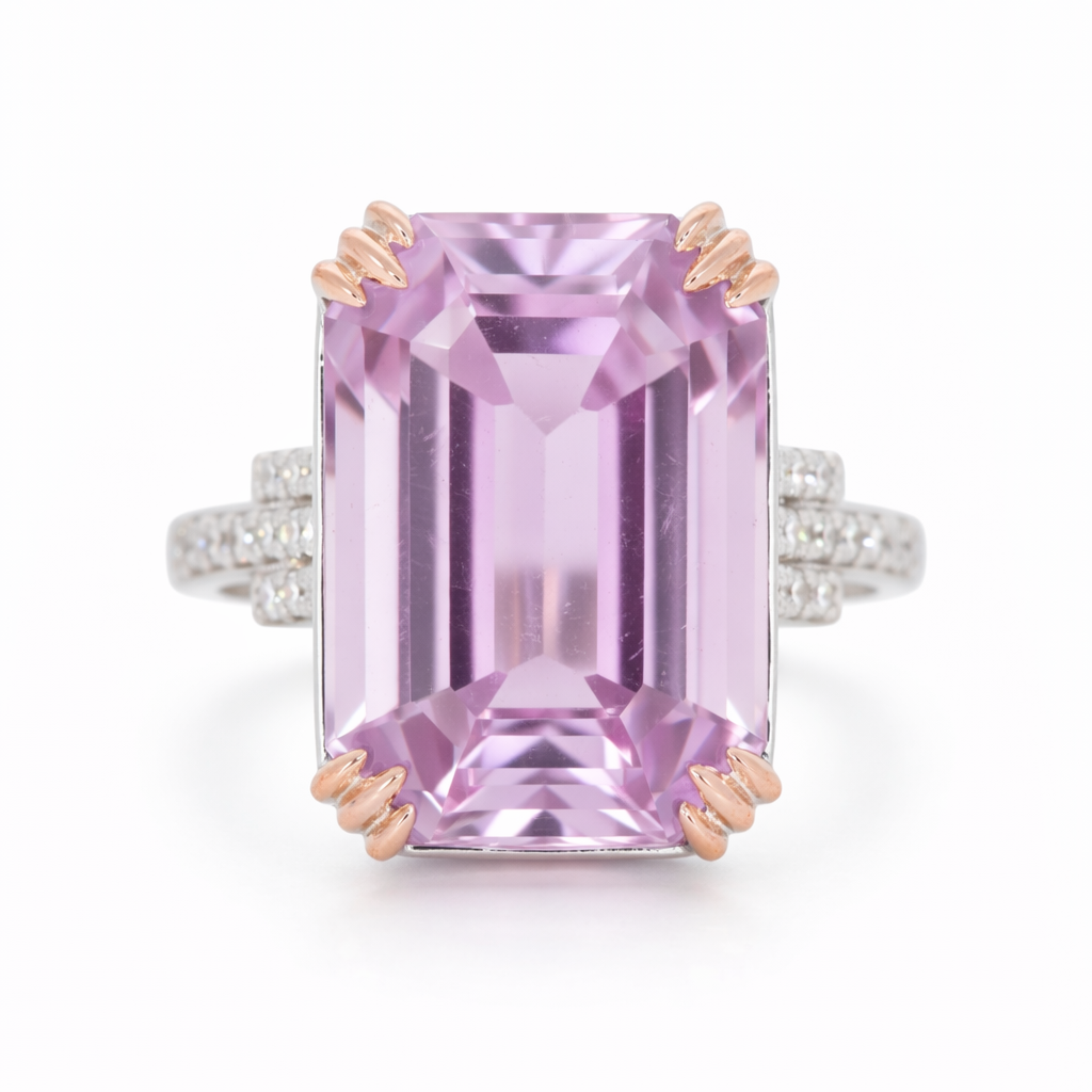 26.85 Cts Kunzite and White Diamond Ring in 14K White Gold
