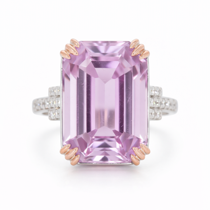 26.85 Cts Kunzite and White Diamond Ring in 14K White Gold