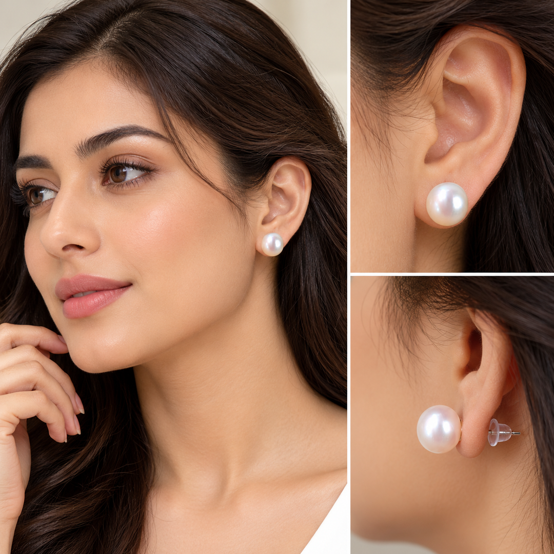 7.5-8mm White Cultured Freshwater Pearl Stud Earring in 925 Platinum Plated
