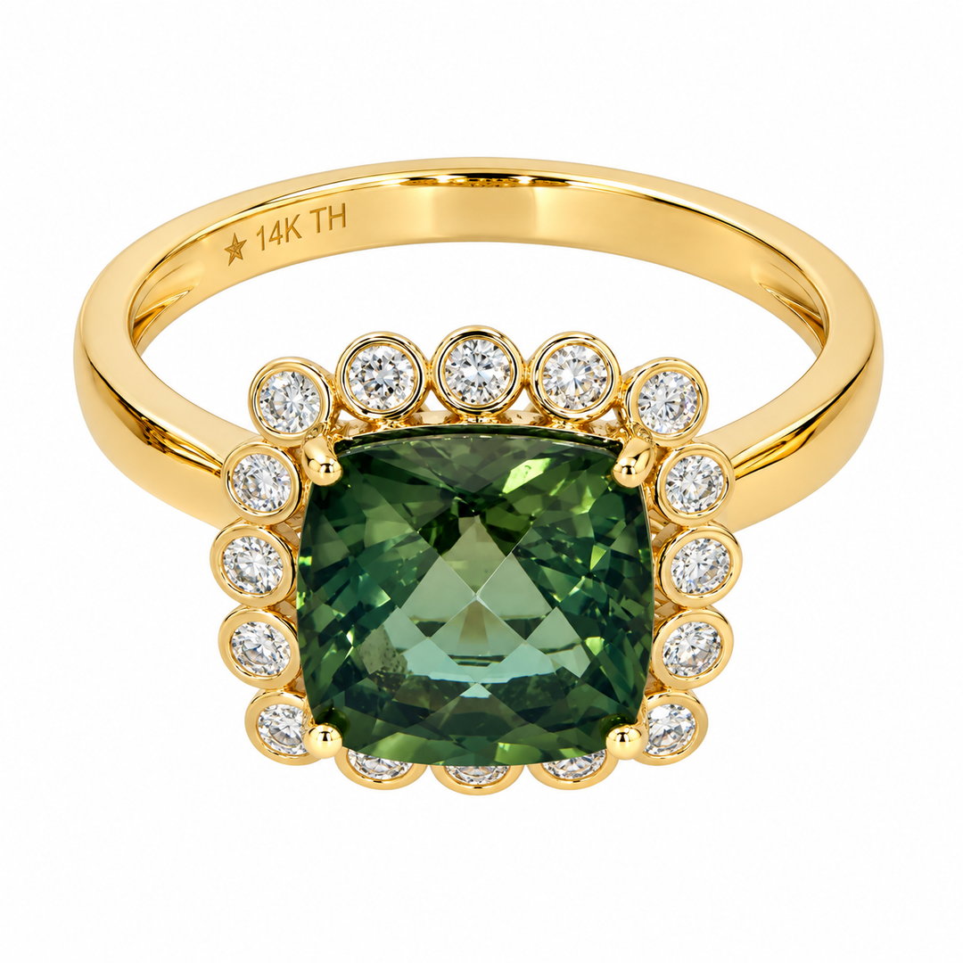 4.00 Cts Green Tourmaline and White Diamond Ring in 14K Yellow Gold