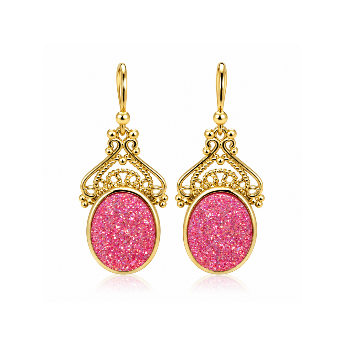 13.90  Pink Color Drusy Oval Shape Earring in Brass