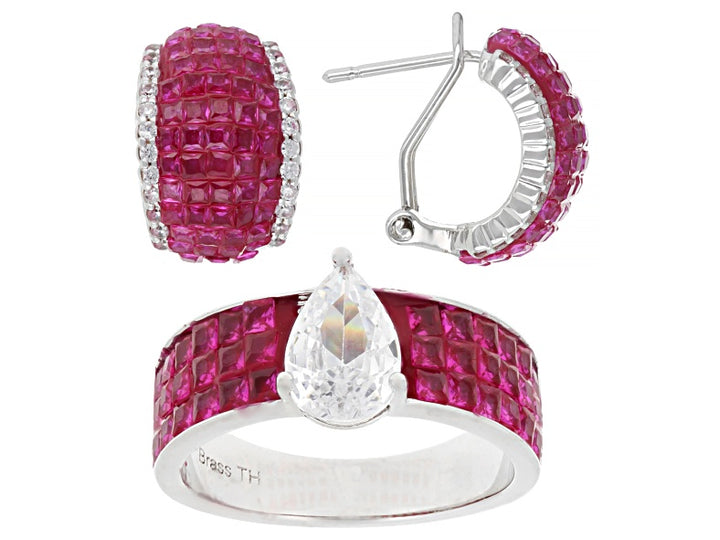 3.95 Ctw Ruby and White Color Zircon Ring and Earring Set in Brass Platinum Plated
