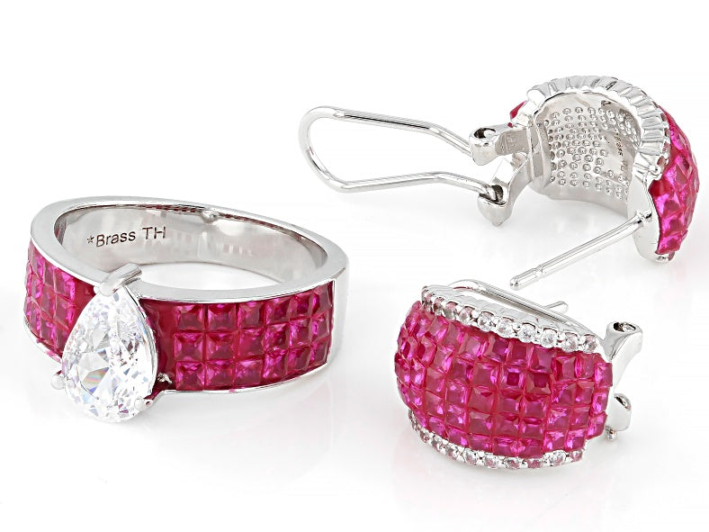 3.95 Ctw Ruby and White Color Zircon Ring and Earring Set in Brass Platinum Plated