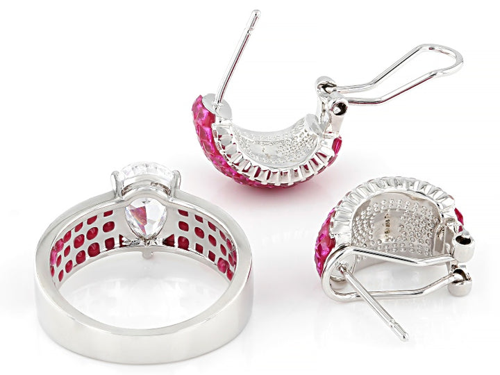 3.95 Ctw Ruby and White Color Zircon Ring and Earring Set in Brass Platinum Plated