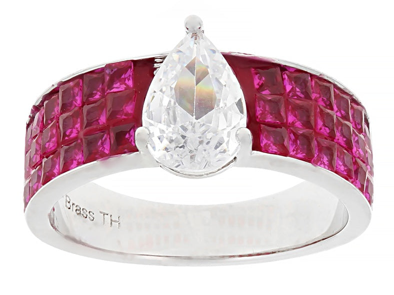 3.95 Ctw Ruby and White Color Zircon Ring and Earring Set in Brass Platinum Plated