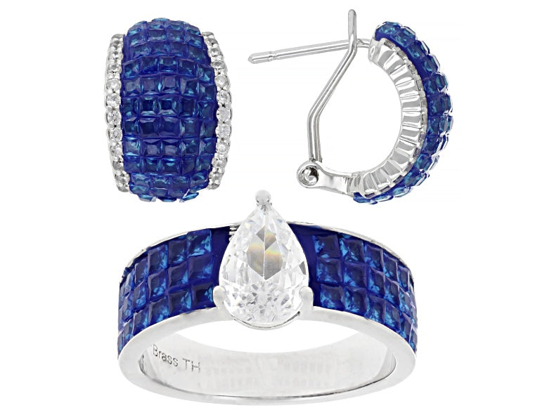 3.95 Ctw Blue and White Color Zircon Ring and Earring Set in Brass Platinum Plated