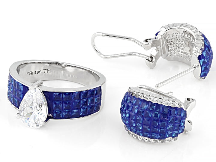 3.95 Ctw Blue and White Color Zircon Ring and Earring Set in Brass Platinum Plated