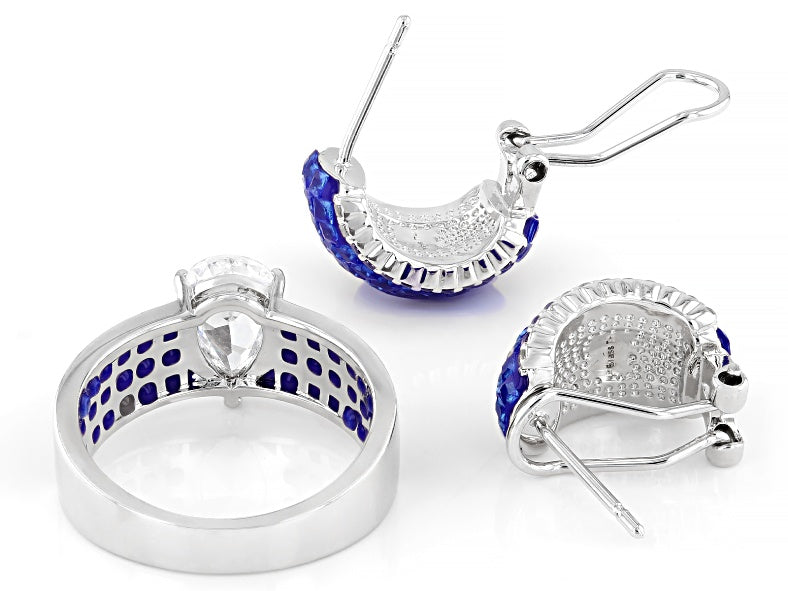 3.95 Ctw Blue and White Color Zircon Ring and Earring Set in Brass Platinum Plated