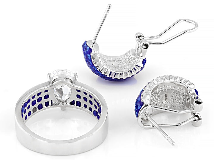 3.95 Ctw Blue and White Color Zircon Ring and Earring Set in Brass Platinum Plated