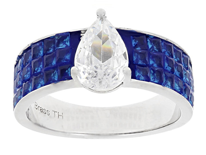 3.95 Ctw Blue and White Color Zircon Ring and Earring Set in Brass Platinum Plated