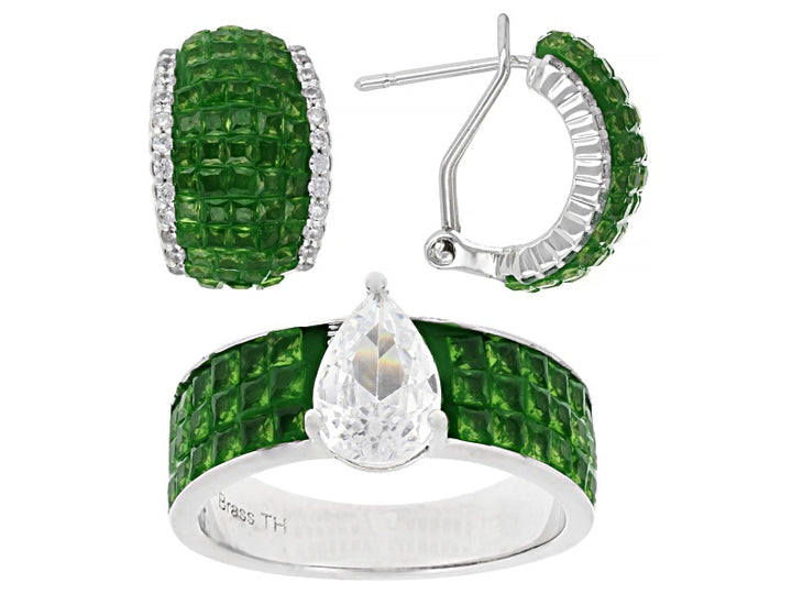 3.95 Ctw Green and White Color Zircon Ring and Earring Set in Brass Platinum Plated