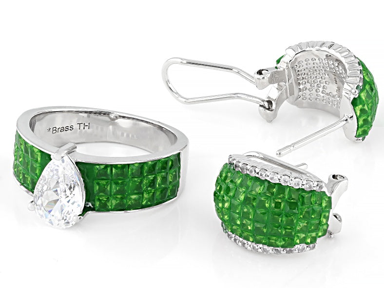 3.95 Ctw Green and White Color Zircon Ring and Earring Set in Brass Platinum Plated