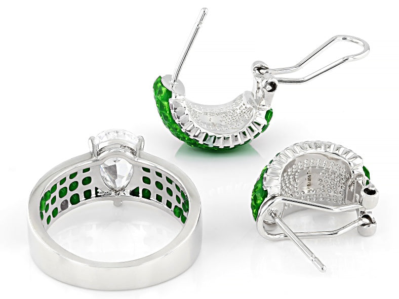 3.95 Ctw Green and White Color Zircon Ring and Earring Set in Brass Platinum Plated