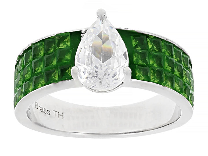 3.95 Ctw Green and White Color Zircon Ring and Earring Set in Brass Platinum Plated