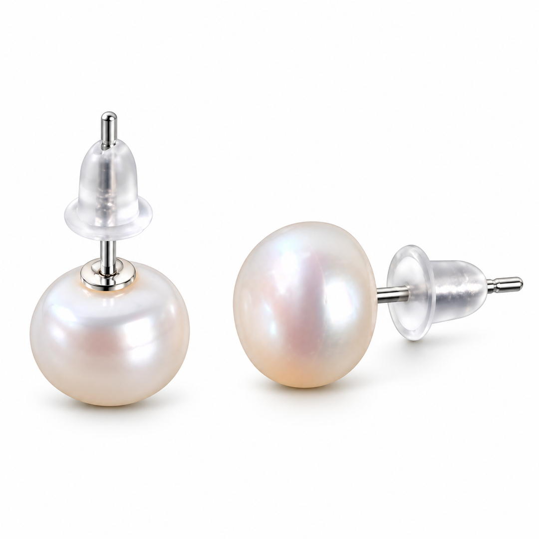 7.5-8mm Black Cultured Freshwater Pearl Stud Earring in 925 Platinum Plated