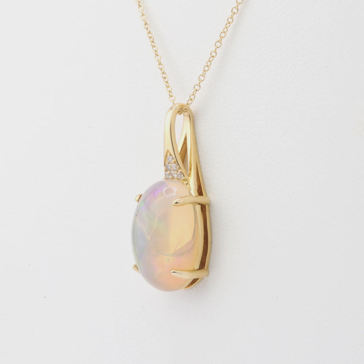 4 Cts White Opal and White Diamond Pendant in 14K Yellow Gold