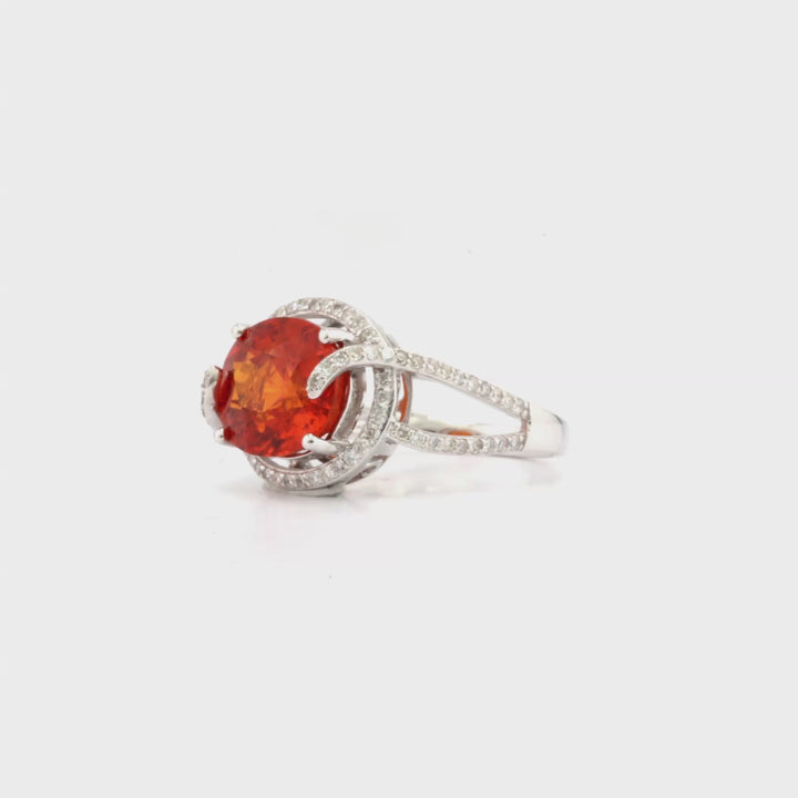 6.89 Cts Spessartite and White Diamond Ring in 14K White Gold
