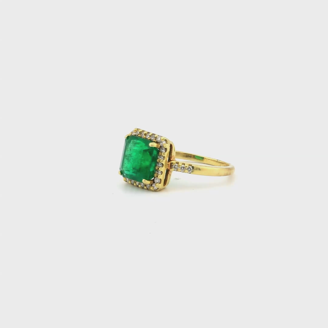 4.12 Cts Emerald and White Diamond Ring in 14K Yellow Gold