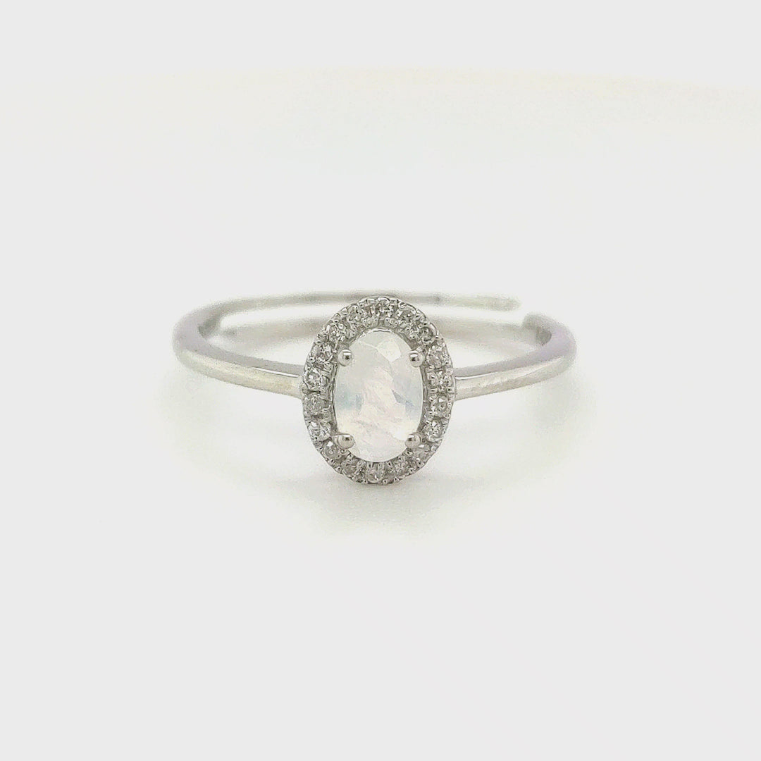 0.42 Cts Rainbow Moonstone and White Diamond Ring in 14K White Gold