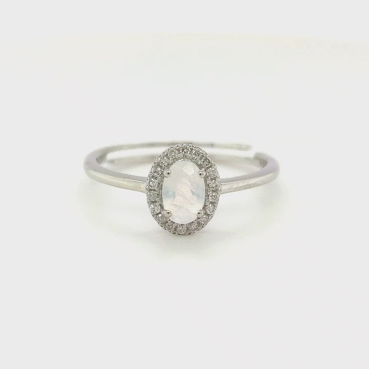 0.42 Cts Rainbow Moonstone and White Diamond Ring in 14K White Gold
