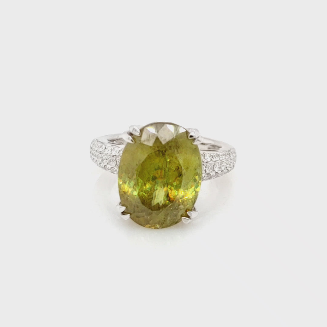12.34 Cts Sphene and White Diamond Ring in 14K White Gold