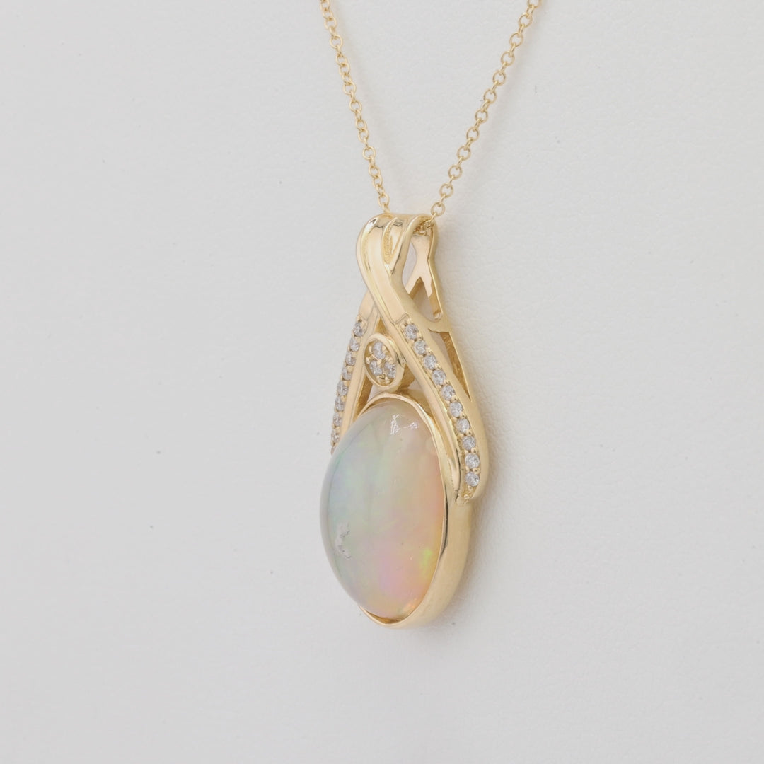 3.73 Cts White Opal and White Diamond Pendant in 14K Yellow Gold