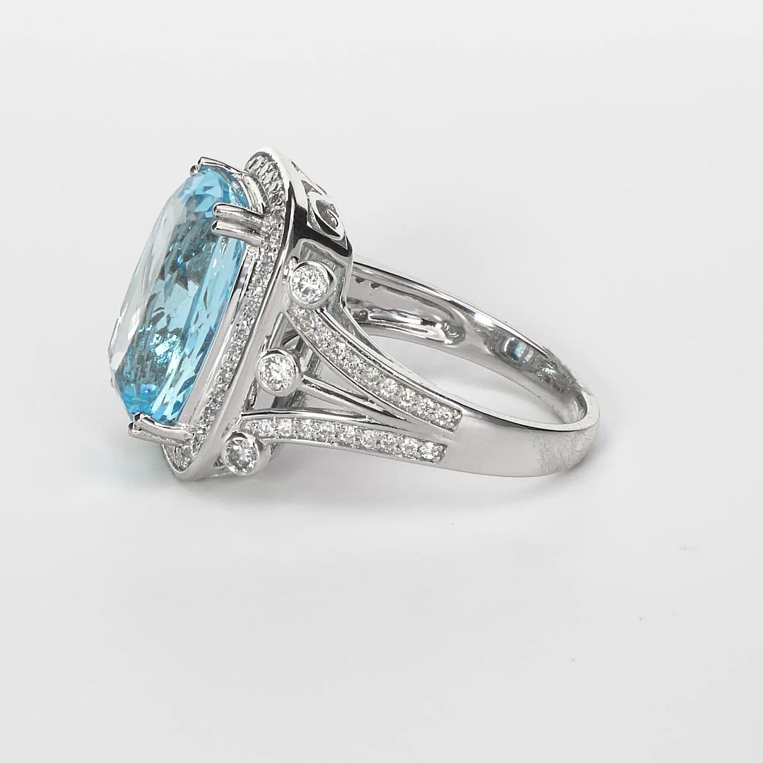7.06 Cts Aquamarine and White Diamond Ring in 14K White Gold