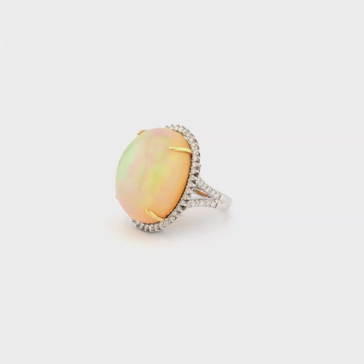25.7 Cts Opal and White Diamond Ring in 18K Two Tone
