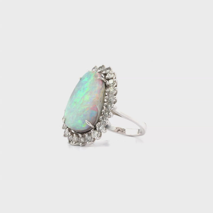 9.42 Cts Australian Opal and White Diamond Ring in 14K White Gold