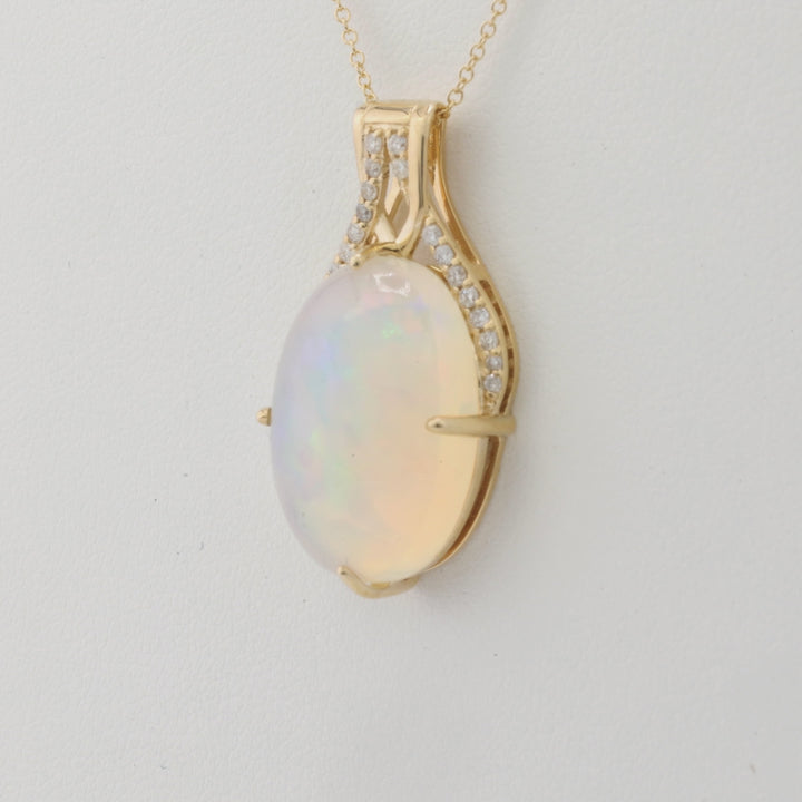 6.41 Cts White Opal and White Diamond Pendant in 14K Yellow Gold