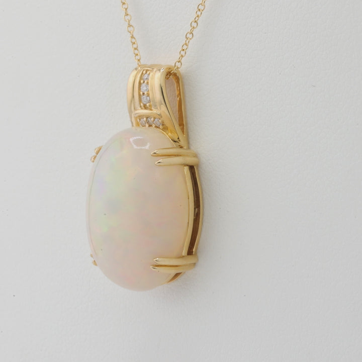 7.97 Cts White Opal and White Diamond Pendant in 14K Yellow Gold