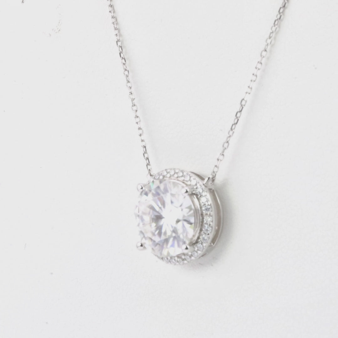 Round Moissanite Halo Necklace in 14K White Gold