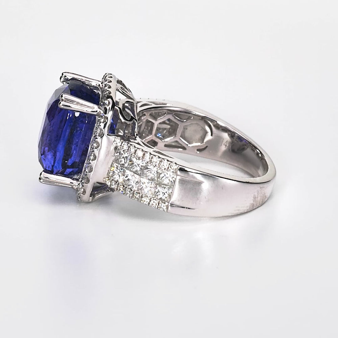 11.20 Cts Blue Sapphire and White Diamond Ring in 14K White Gold