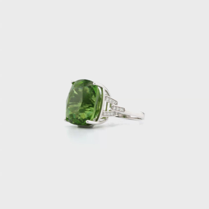 22.91 Cts Peridot and White Diamond Ring in 14K White Gold