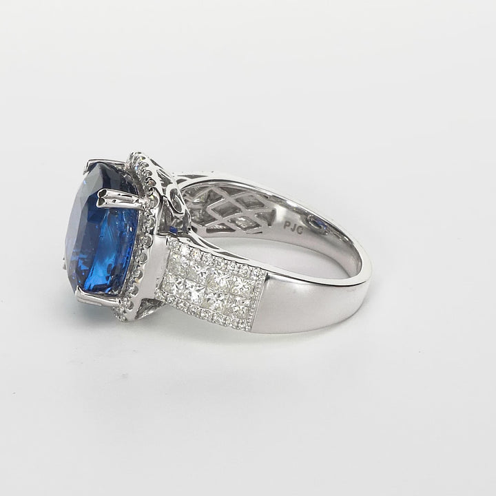 8.26 Cts Blue Sapphire and White Diamond Ring in 14K White Gold