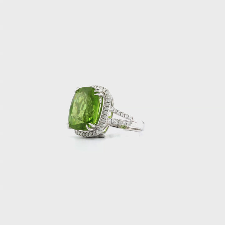 13.73 Cts Peridot and White Diamond Ring in 14K White Gold