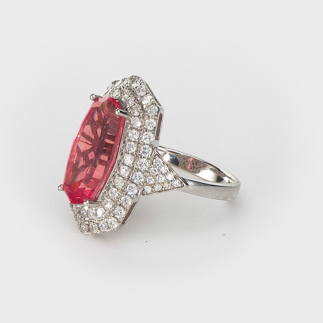 6.20 Cts Rhodochrosite and White Diamond Ring in 14K White Gold