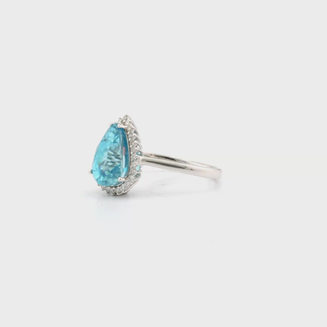 6.34 Cts Blue Zircon and White Diamond Ring in 14K White Gold