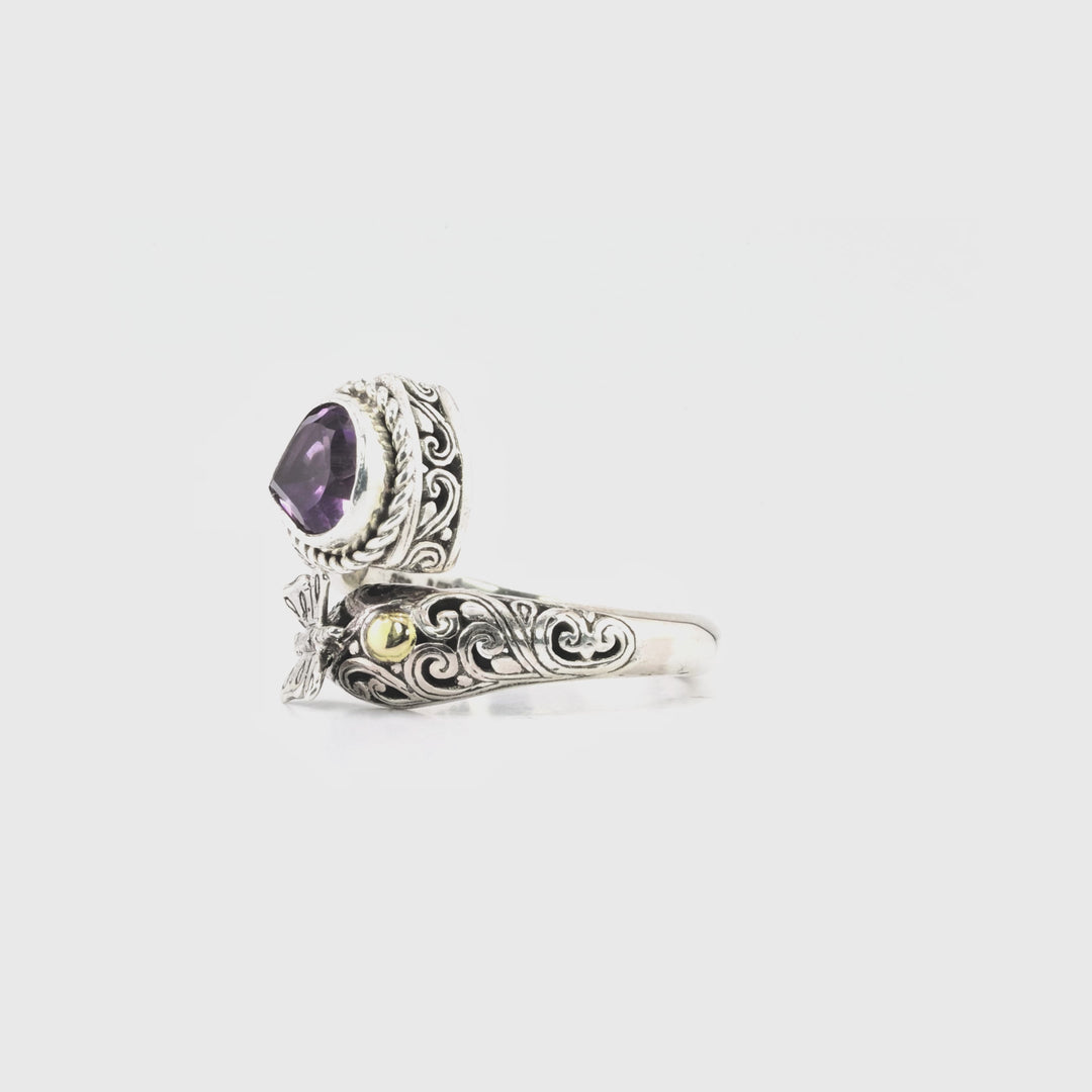 1.10 Cts Amethyst Bypass Ring in Two Tone 925 Silver