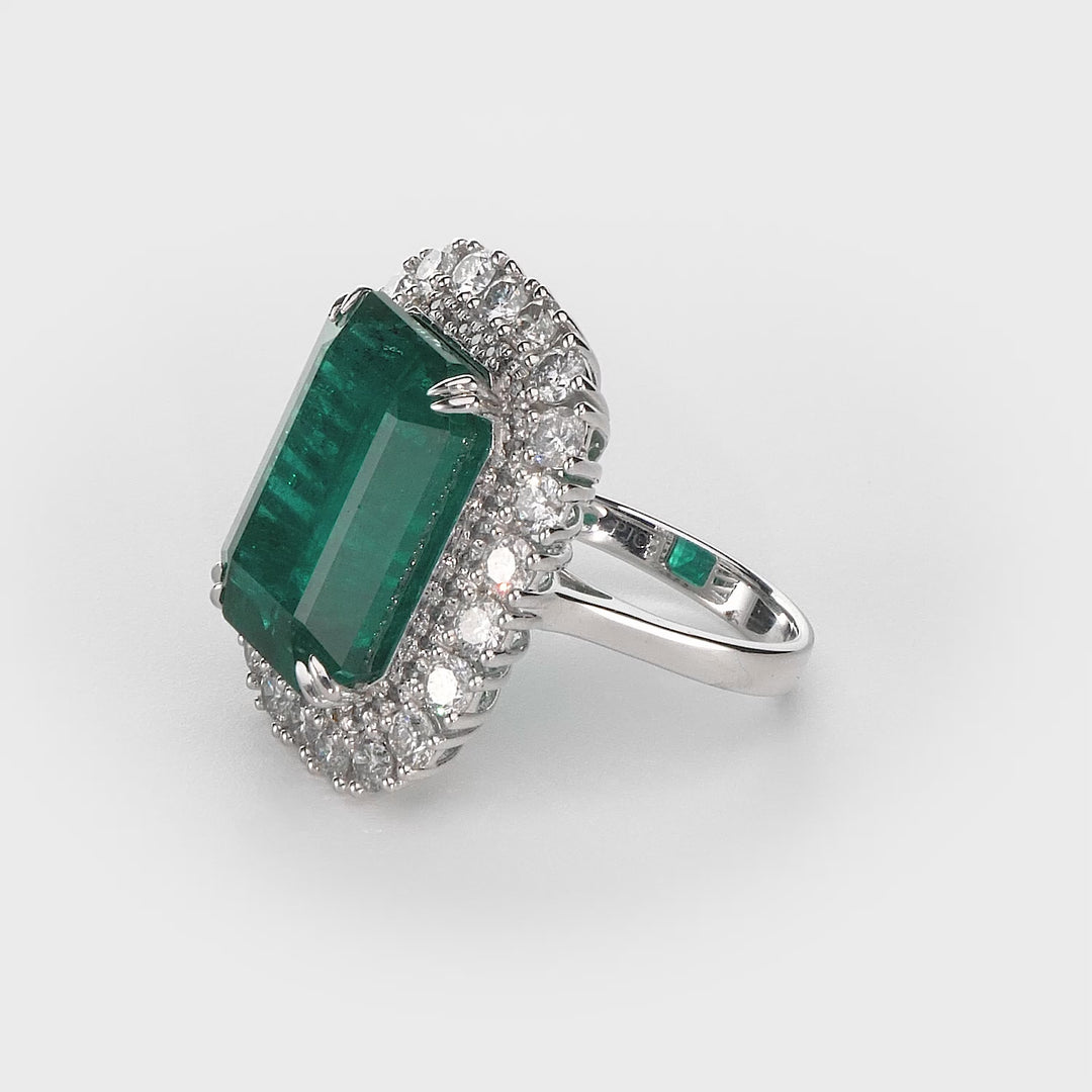 20.40 Cts Emerald and White Diamond Ring in 14K White Gold